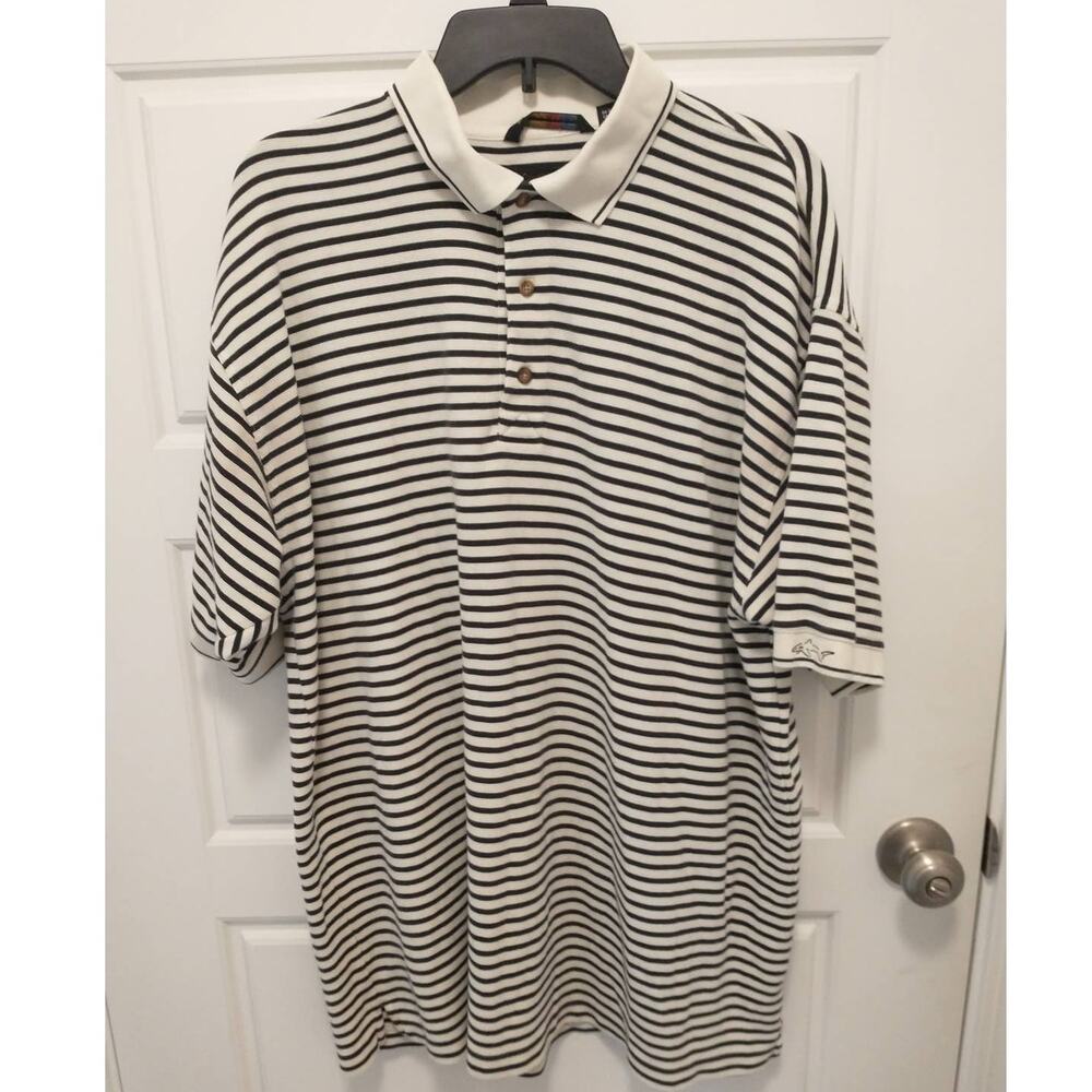 Greg Norman PlayDry Golf Polo Shirt Mens XL White Black Striped Performance EUC